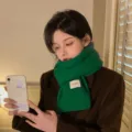 Green knitted winter scarf for women, soft warm wool neck warmer with stylish woven label. - Green / 160