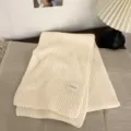 Korean style winter thick warm knitted scarf for women, soft solid beige rib design shawl. - Creamy White