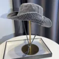 Retro washed denim bucket hat, versatile western cowboy style for outdoor sun protection hiking. - Black