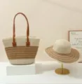 Straw woven tote bag and sun hat two-piece set, large capacity beach vacation hat and shoulder bag. - Beige and Khaki Set