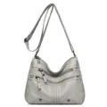 Women soft leather shoulder crossbody bag multi zipper casual commuter handbag grey - Light Grey