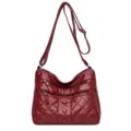 Burgundy soft leather women shoulder crossbody bag, multi pocket quilted handbag. - Red