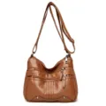 Sac à bandoulière souple en cuir pour femme marron sac besace multi poches zippées - Jaune