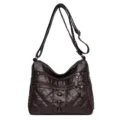 Dark brown quilted soft leather women shoulder crossbody bag with multiple zipper pockets. - Dark Brown