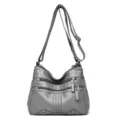 Grey soft leather women's shoulder bag with multi-zip compartments and adjustable strap - Gray