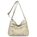 Women soft leather crossbody shoulder bag multi-pocket casual daily handbag beige - Creamy White (New Color)