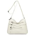 Women's white soft leather multi-zipper crossbody shoulder bag casual everyday handbag - White