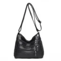 Black multi-pocket soft leather shoulder bag, stylish casual crossbody bag for women. - Black