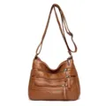 Brown washed soft leather multi-pocket crossbody shoulder bag for women, spacious daily purse. - Yellow Brown