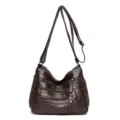 Brown washed soft leather crossbody bag with multiple zipper compartments for women. - Dark Brown