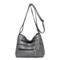 Grey washed soft leather crossbody bag, multi-zipper shoulder bag for women daily use. - Gray