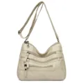 Beige women soft leather crossbody bag, multi-pocket casual shoulder handbag for daily use. - Off White