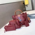 Dames 4-delige PU lederen handtas set stijlvolle emmer schouder crossbody tas portemonnee - Bordeauxrood