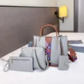 Grijs PU lederen 4-delige handtas set, stijlvolle dames shopper emmertas met een handige portemonnee. - Grijs