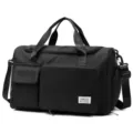 Black nylon travel duffel bag with dual front pockets, large capacity shoulder bag for men. - Black