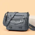 Grey multi-pocket leather crossbody bag, stylish soft PU shoulder bag with heart charms. - Gray