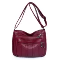 Wine red soft leather women shoulder bag with multi pockets and adjustable crossbody strap. - Style 3 / Red
