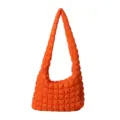 Orange quilted shoulder bag, soft puffer tote bag, casual large capacity handbag. - Orange