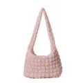 Pink quilted puffer shoulder bag, stylish casual large capacity tote handbag for women. - Pink