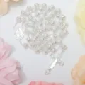Collana con rosario vintage in perle argentate con ciondolo a croce e perle di rosa. - Argento