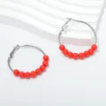 Retro handmade beaded hoop earrings for women, stylish 4cm metallic circle jewelry item. - Small Ring with Red Beads