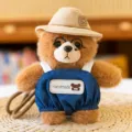Cute brown plush bear keychain with denim overalls and hat, lovely bag charm accessory - Artist - Jeans