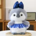 Lindo peluche de pingüino gris con lazo azul y falda de encaje, suave regalo para niñas. - Vestido floral azul / 27 cm (Sin lazo de perlas)