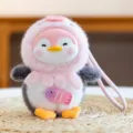 Cute cartoon penguin plush keychain in pink hood with fish pendant, sweet bag charm. - Pink Octopus Hood Penguin