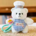 Cute white plush bear doll pendant with blue check chef hat and apron for bag key chain. - Chef Style - Blue Plaid