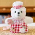 Cute white plush bear doll pendant with chef hat and red plaid apron, perfect keychain. - Chef Style - Red Plaid
