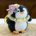 Cute plush penguin keychain with straw hat and lace collar, adorable bag charm variant. - Penguin - Yellow 13 cm