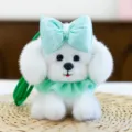Cute white plush puppy keychain bag charm with a mint green bow and collar for daily use. - Dog with Bow - Green 13 cm