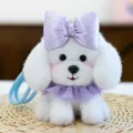 Cute fluffy white puppy plush keychain with purple bow, portable cartoon animal bag pendant doll. - Dog with Bow - Purple 13 cm