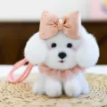 Cute white poodle plush toy pendant with pink bow and lace collar, perfect backpack keychain charm. - Dog with Bow - Pink 13 cm