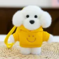 Cute white puppy plush toy keychain, fluffy animal bag charm with yellow hoodie pendant. - Dog in Hoodie - Yellow 12 cm