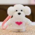 Cute white plush puppy keychain bag charm with pink heart sweater pendant accessory - Dog in Sweater - White 12 cm