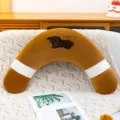 Cute boomerang plush pillow, soft brown body with white stripes and sweet dog embroidery. - Brown