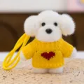 Cute white plush puppy keychain with yellow knitted sweater and red heart design for bag accessory. - Dog in Sweater - Yellow 12 cm