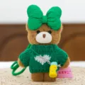 Cute brown bear plush keychain with green bow and knit sweater toy bag charm accessory. - Bear in Sweater - Green 15 cm