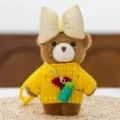 Cute plush bear keychain with yellow knit sweater and big beige bow for bag pendant gift - Bear in Sweater - Yellow 15 cm