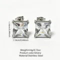 Square cubic zirconia stainless steel stud earrings detail view showing size and material specs. - Square Zirconia Earrings (RT140EH-1)
