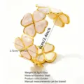 Pulsera brazalete de trébol de acero inoxidable con flores esmaltadas, joya dorada abierta. - Blanco