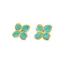 Eleganti orecchini a lobo con fiore a quattro petali in smalto turchese e bordo dorato. - Blu