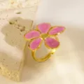 Stainless steel pink enamel floral ring sweet style adjustable jewelry elegant design - Open Ring / Pink