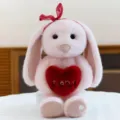 Cute fluffy pink plush long ear bunny stuffed animal toy holding red heart for girls - Pink Rabbit Holding Red Heart