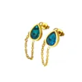 Stainless steel teardrop chain earrings, gold plated blue crystal geometric drop design. - Teardrop Chain Earrings (RT286EH) / Blue