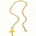 Gold plated stainless steel cross pendant necklace with T-bar clasp, simple fashion jewelry. - T-Bar Clasp Thick Cross Necklace (RT240XL)