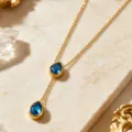 Stainless steel 18K gold plated teardrop Y necklace elegant blue crystal clavicle chain - Blue Rhinestone