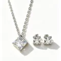 Silver stainless steel square zircon necklace and earrings jewelry set variant for versatile chic look - Square Zirconia Jewelry Set (RT140EH-1+RT140XL-1)