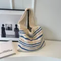 Beige Blue Striped Crochet Shoulder Bag, Casual Hollow Woven Tote Bag for Women Daily Use. - Beige